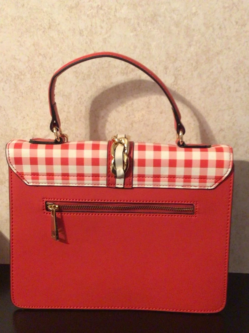 ALDO Red & White Gingham Chain-Accent Top-Handle Satchel